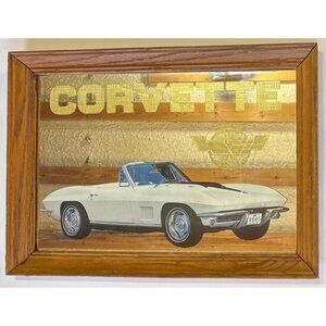 Vintage 1967 White Chevrolet Chevy Corvette Wood Framed 18" x 13" Glass Mirror